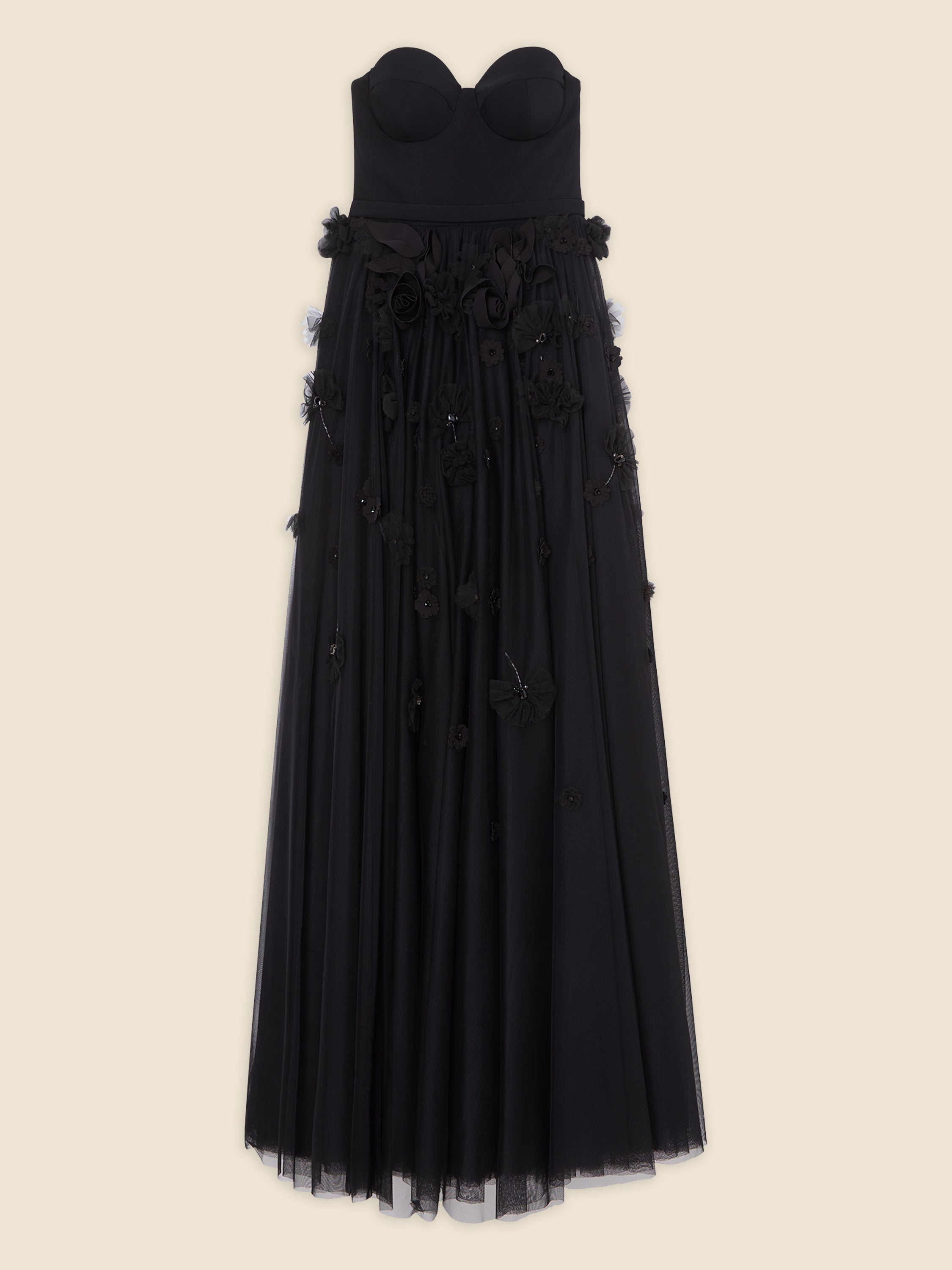 Elegant black strapless evening gown with floral embellishments and a full tulle skirt, perfect for formal events.