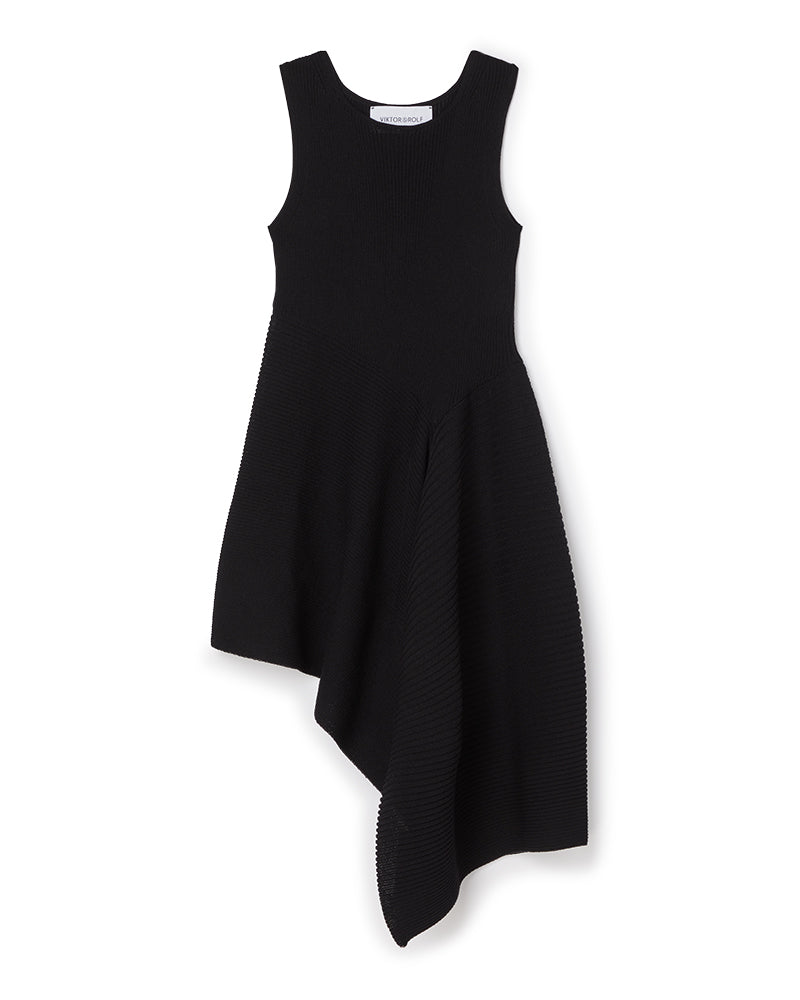 Black sleeveless dress with an asymmetrical hemline, featuring elegant ribbed texture for a sophisticated style.