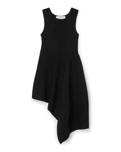 Black sleeveless dress with an asymmetrical hemline, featuring elegant ribbed texture for a sophisticated style.