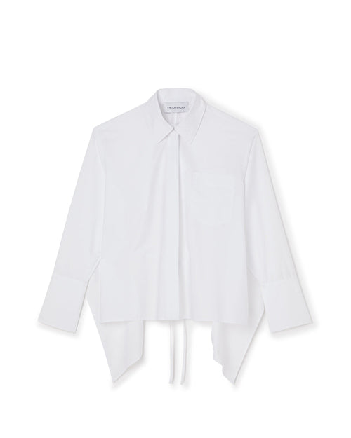 White asymmetric shirt with pointed collar and cuffed sleeves, featuring a modern, airy design style.