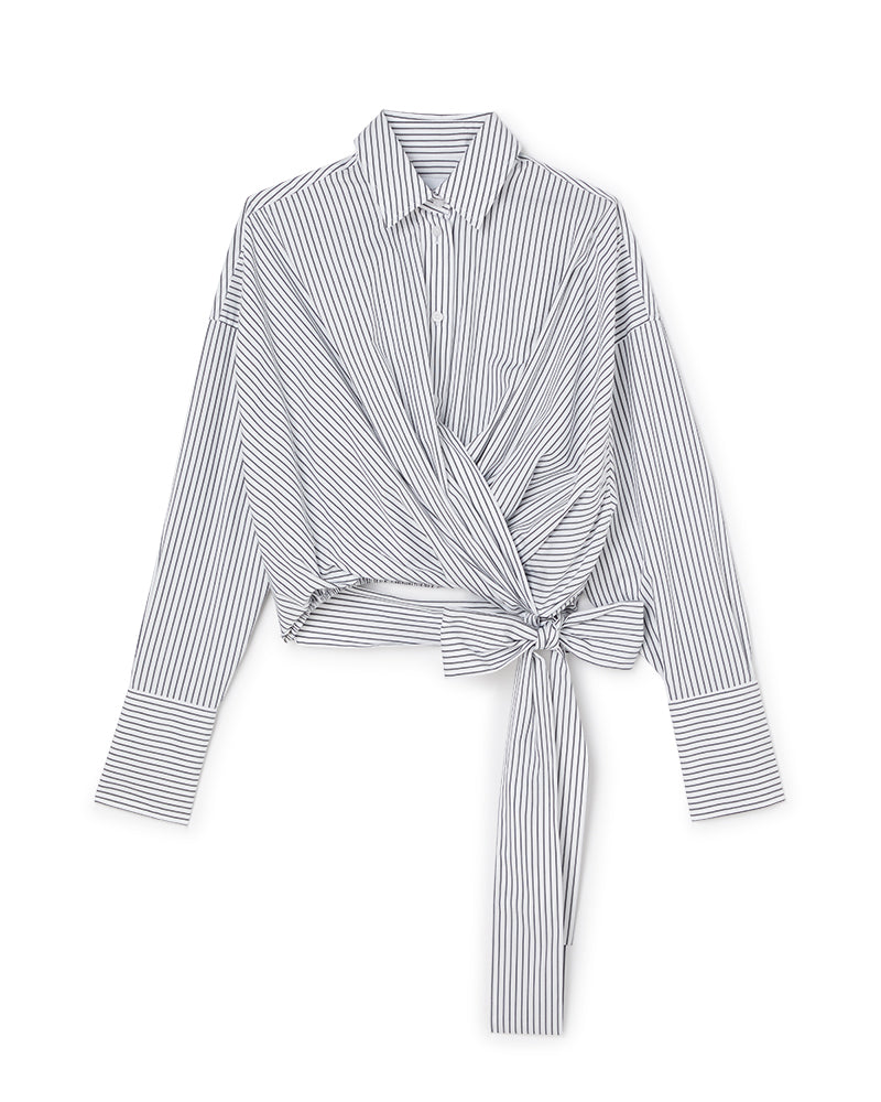 Striped wrap-front shirt with wide cuffs and long tie detail, featuring a classic collar and elegant draped silhouette.