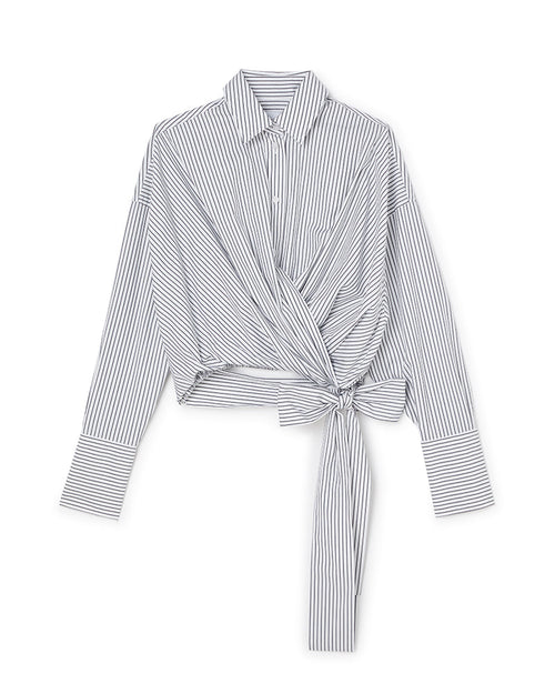 Striped wrap-front shirt with wide cuffs and long tie detail, featuring a classic collar and elegant draped silhouette.