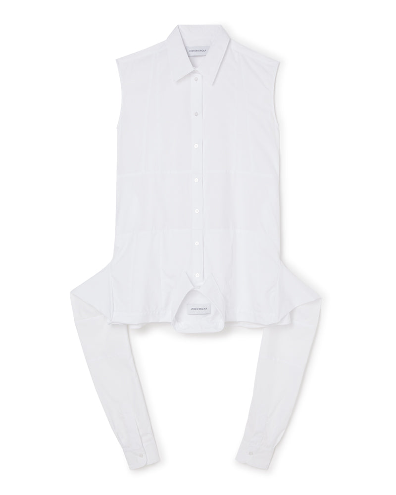 Sleeveless white button-up shirt featuring a pointed collar and unique attached sleeves for a modern and versatile look.