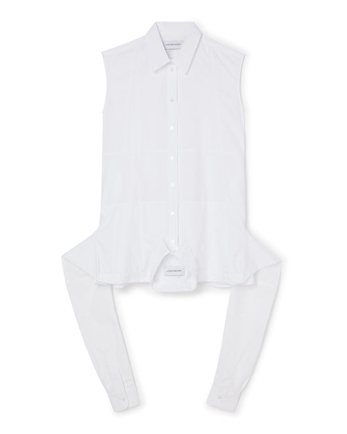 Sleeveless white button-up shirt featuring a pointed collar and unique attached sleeves for a modern and versatile look.