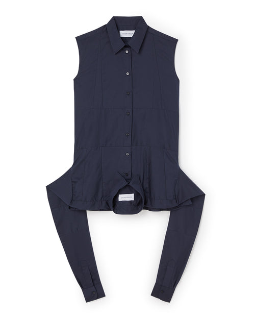 Sleeveless navy blouse featuring classic button-down front, sharp collar, and unique attached long back panels.