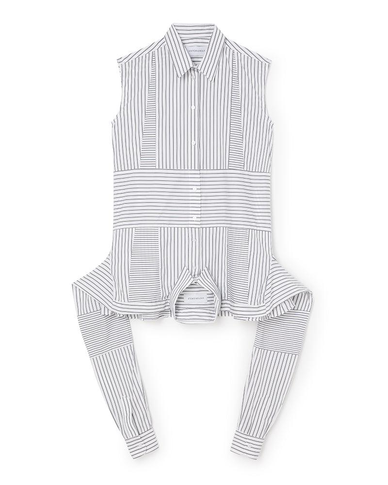Sleeveless striped cotton shirt with unique apron-style detailing and crisp lines, featuring a classic collar and button closure.
