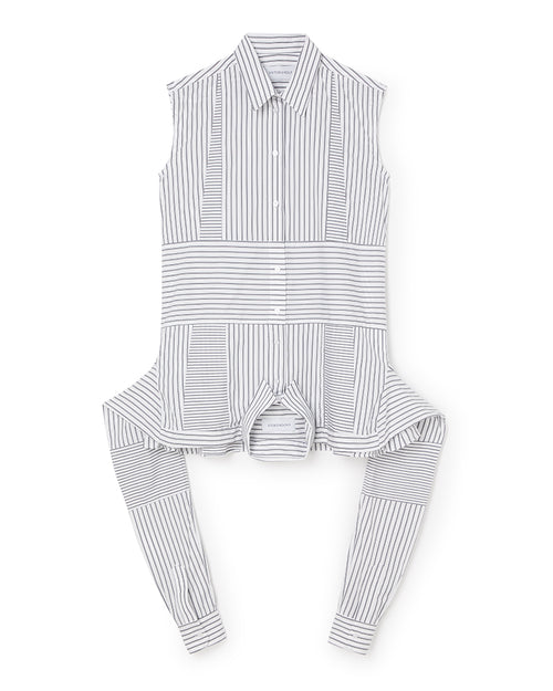 Sleeveless striped cotton shirt with unique apron-style detailing and crisp lines, featuring a classic collar and button closure.