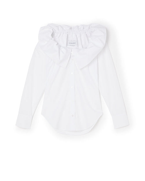 White button-up shirt with an oversized ruffled collar and long sleeves, crafted from soft cotton fabric for a classic look.