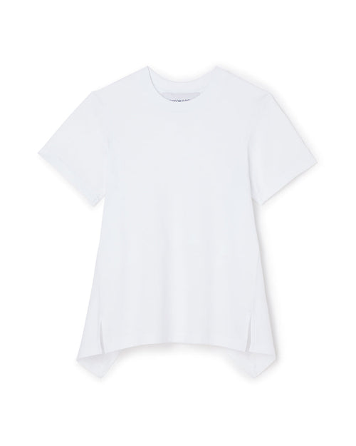 White cotton T-shirt with short sleeves, featuring a simple, asymmetrical hemline and a relaxed, modern fit.
