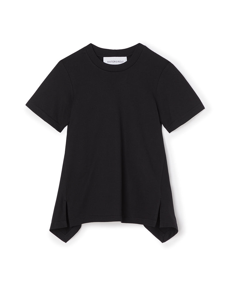 Black cotton A-line T-shirt with asymmetrical hem and short sleeves, featuring a tailored fit and minimalistic design.