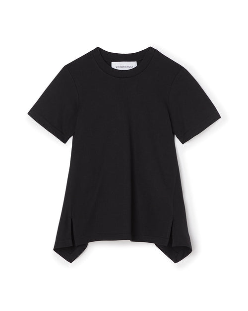Black cotton A-line T-shirt with asymmetrical hem and short sleeves, featuring a tailored fit and minimalistic design.