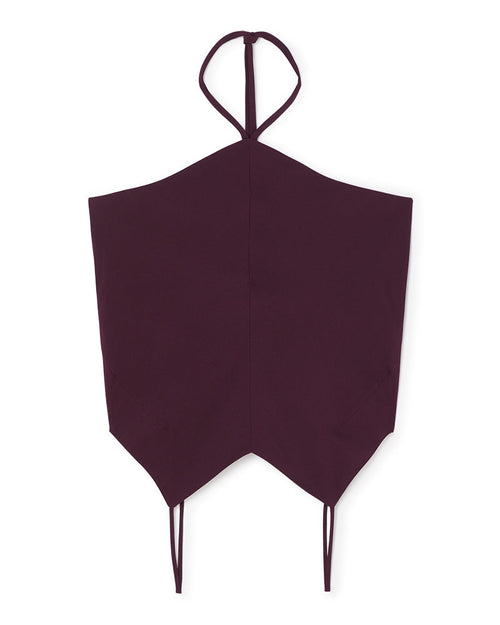 Elegant burgundy halter top showcases a sleek, angular design with delicate tie straps for a sophisticated look.