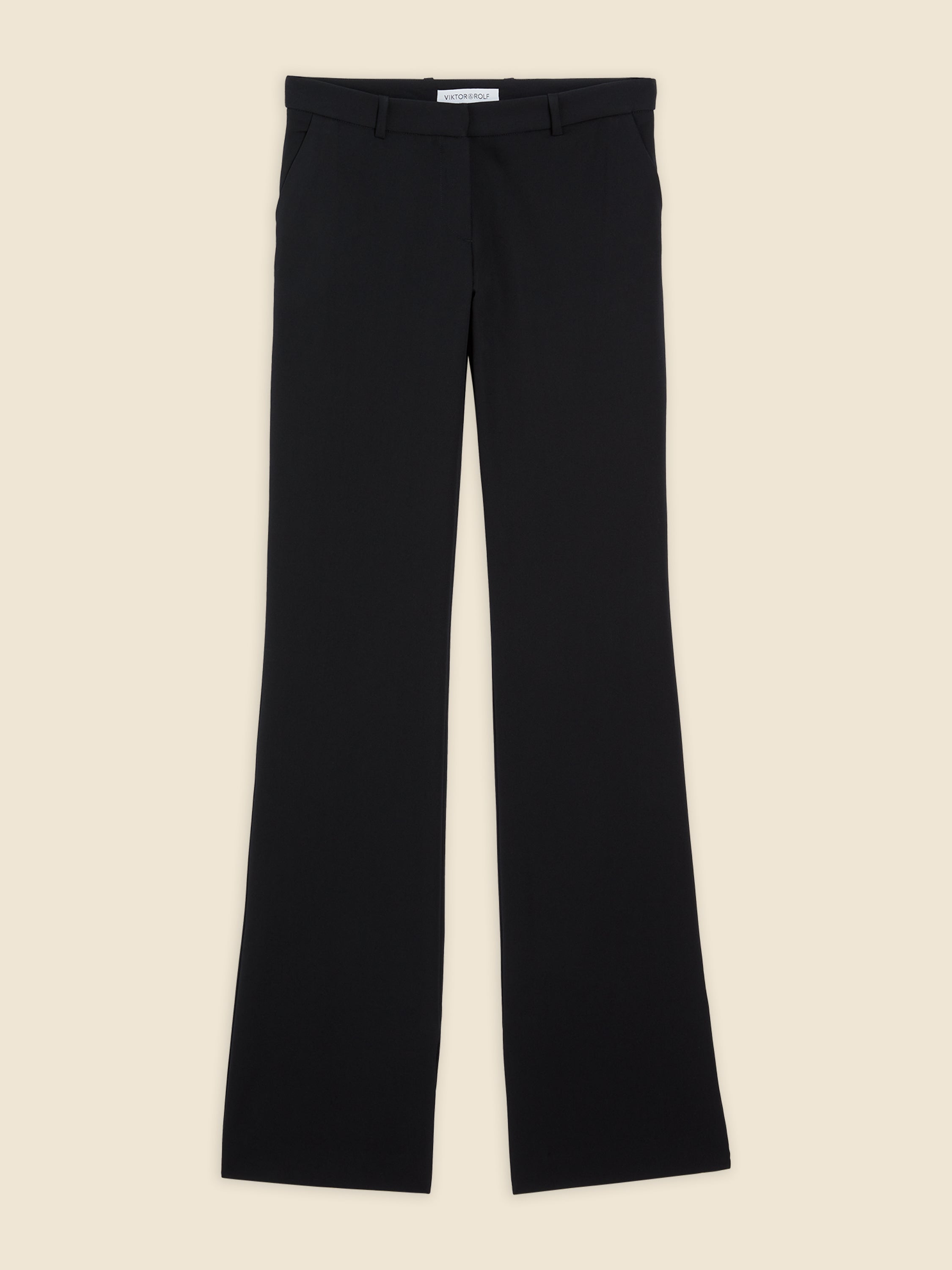 High-waisted black tailored trousers with a straight leg cut and classic belt loops, crafted from smooth fabric for a sleek look.