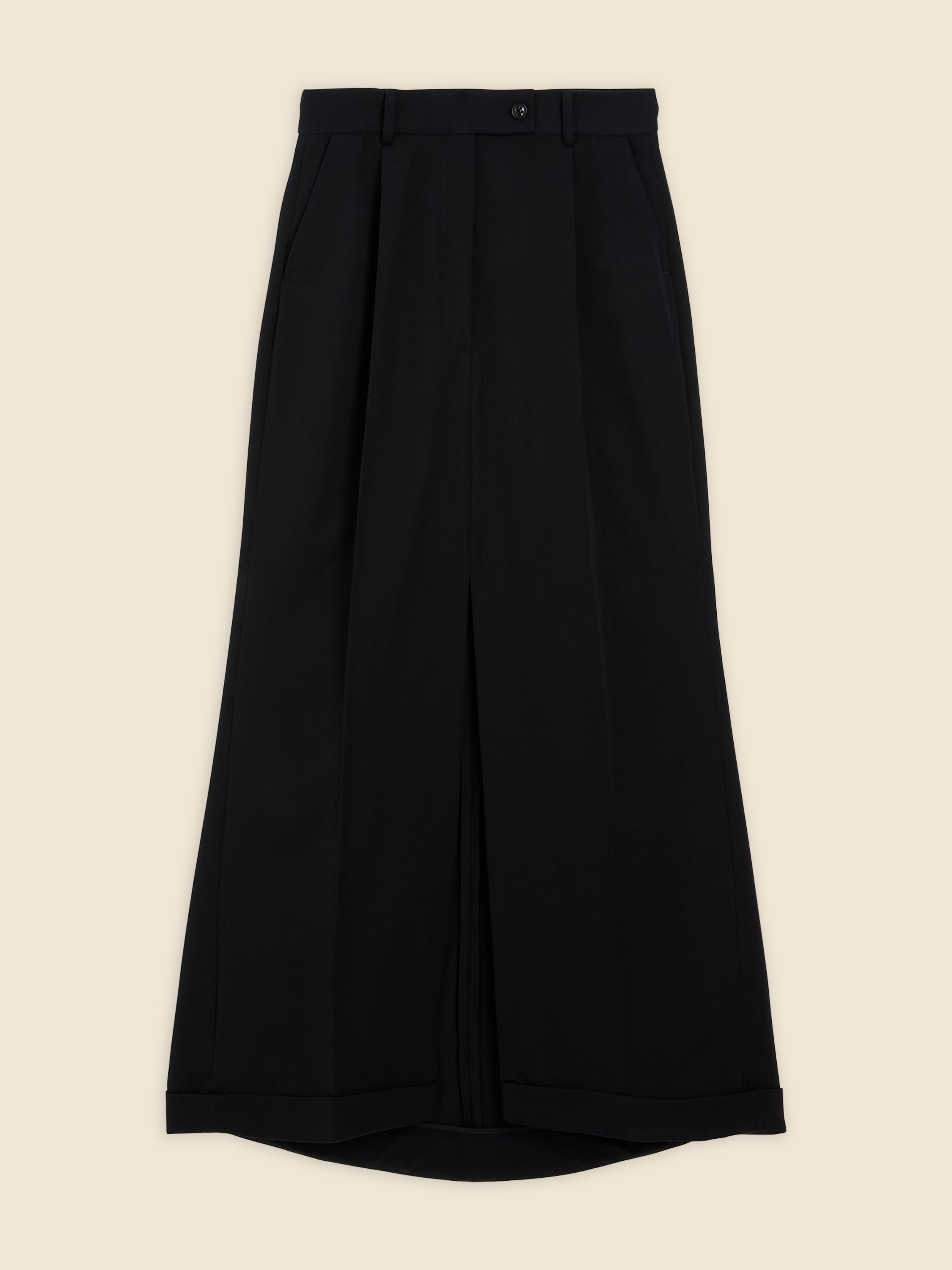 Black high-waisted trousers featuring a wide-leg design with pleated details, crafted from smooth wool fabric for a sleek finish.