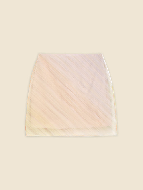 Elegant beige organza mini skirt with diagonal pleats, featuring a subtle translucent texture on a neutral background.