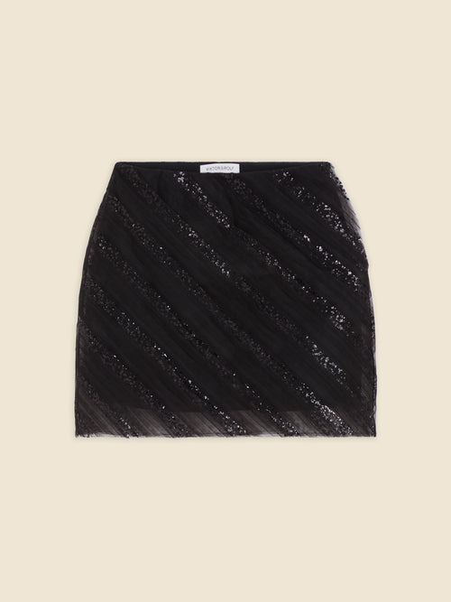 Black sequin mini skirt with diagonal striped pattern, featuring a satin blend fabric for a sleek and elegant look.