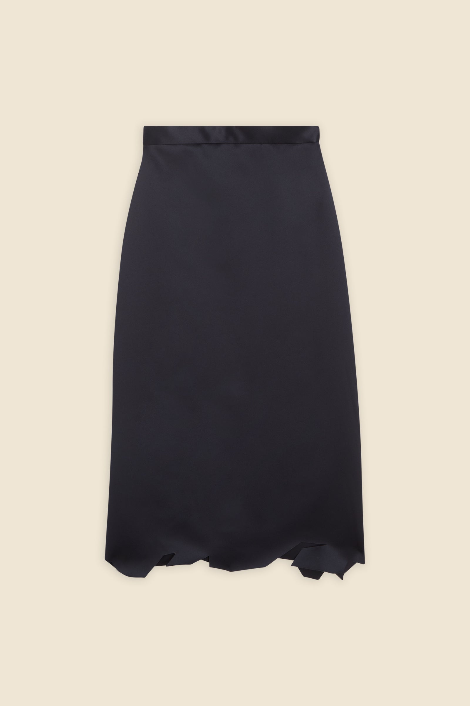Elegant black satin A-line skirt featuring a unique scalloped hem, designed to create a sophisticated, minimalist look.