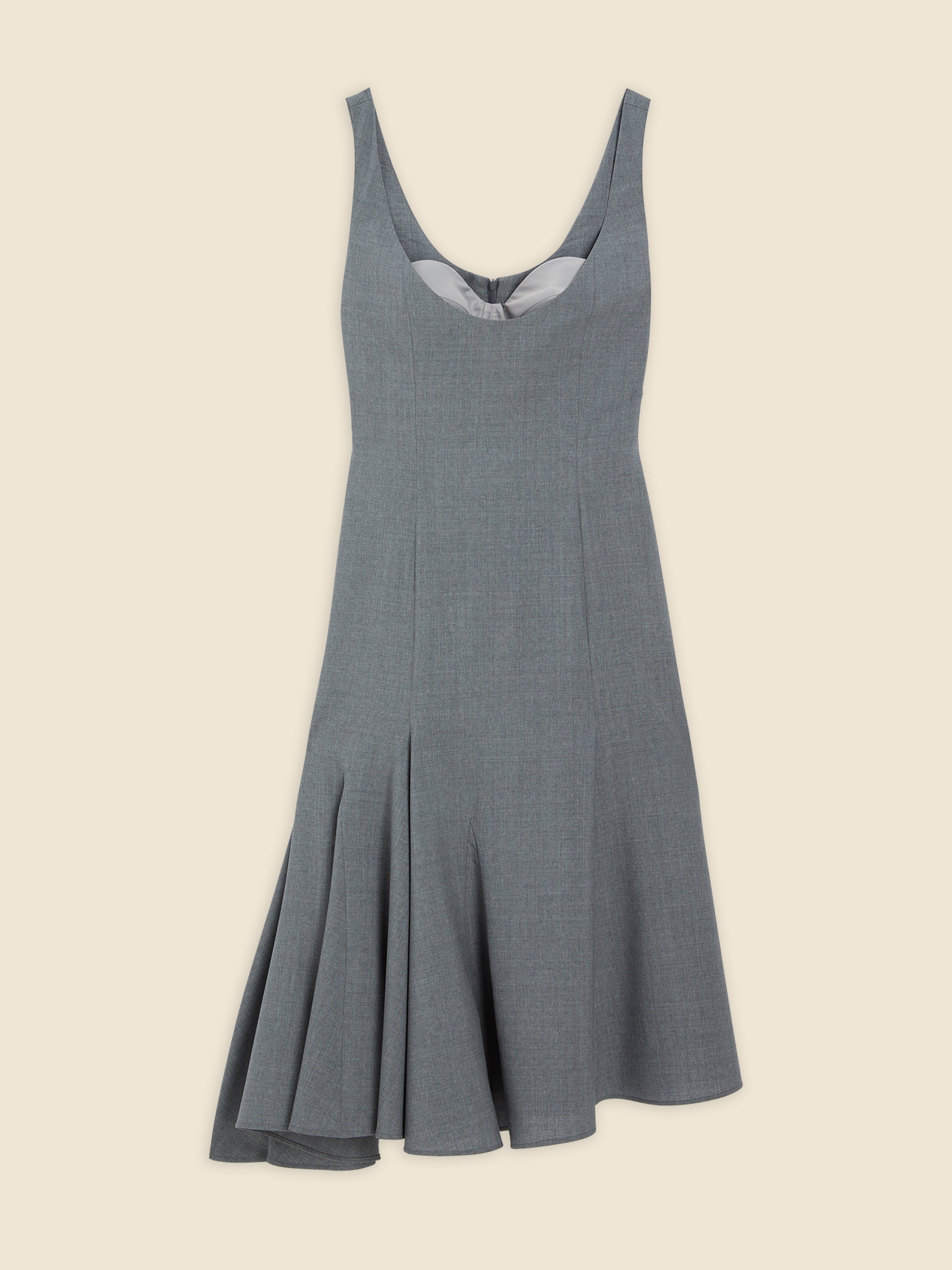 Sleeveless grey wool dress with a scoop neckline, featuring a tailored fit and flared hem for elegant movement.