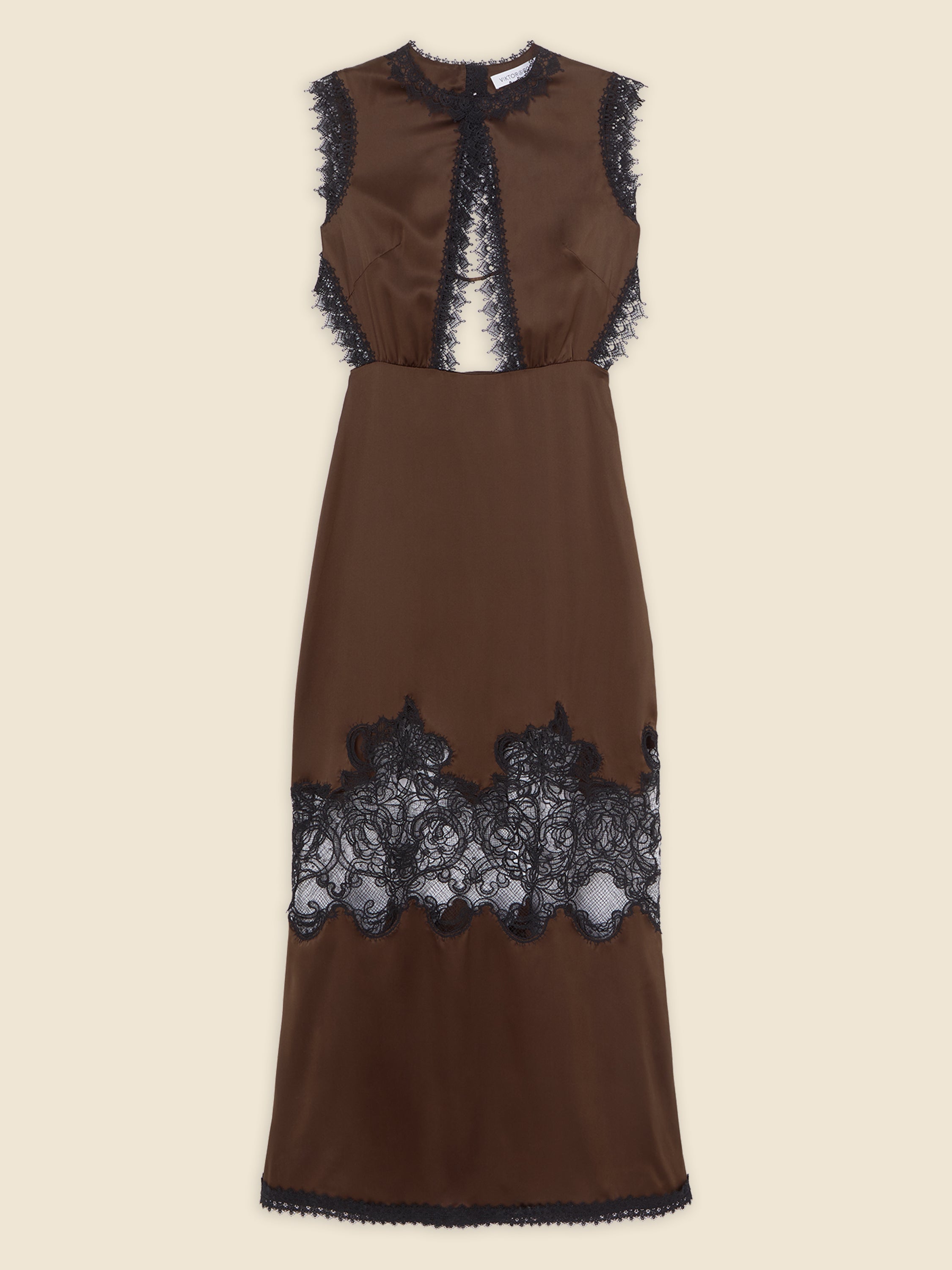 Sleeveless brown silk dress with intricate black lace detailing, featuring keyhole neckline and lace hem embellishments.
