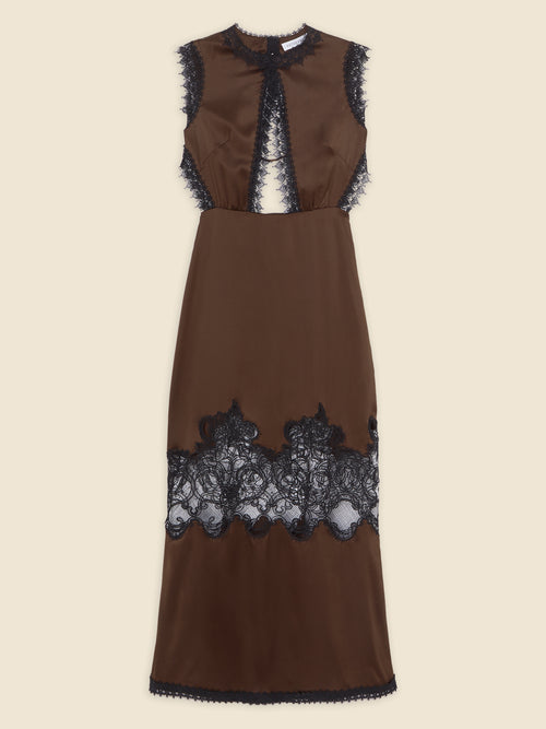 Sleeveless brown silk dress with intricate black lace detailing, featuring keyhole neckline and lace hem embellishments.