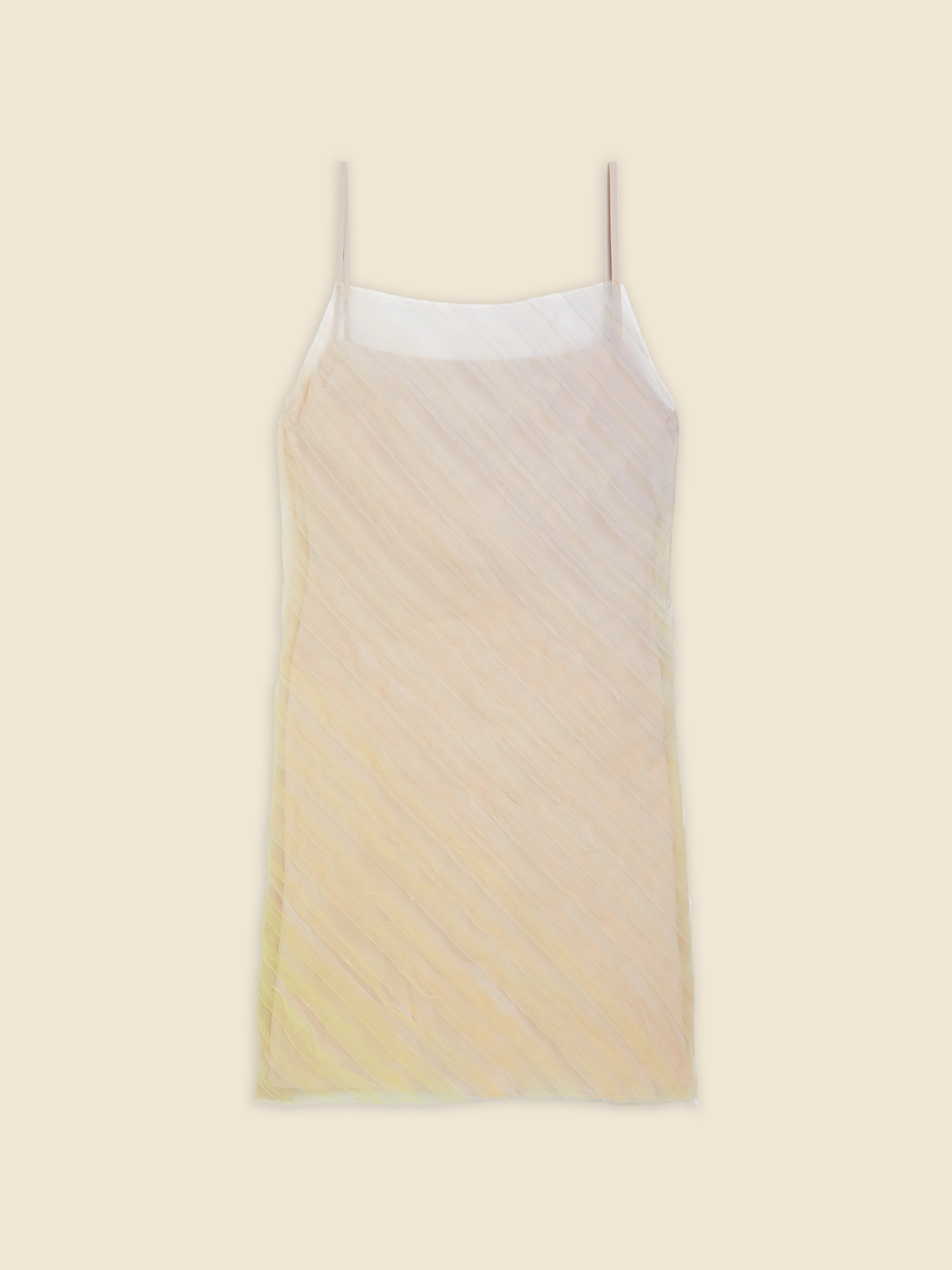 Semi-transparent beige dress with thin straps on a cream background, featuring a subtle diagonal striped pattern.