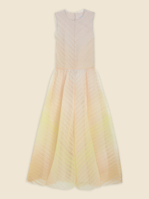 Sleeveless pastel peach chiffon dress with subtle diagonal stripes and a flowing, floor-length skirt.