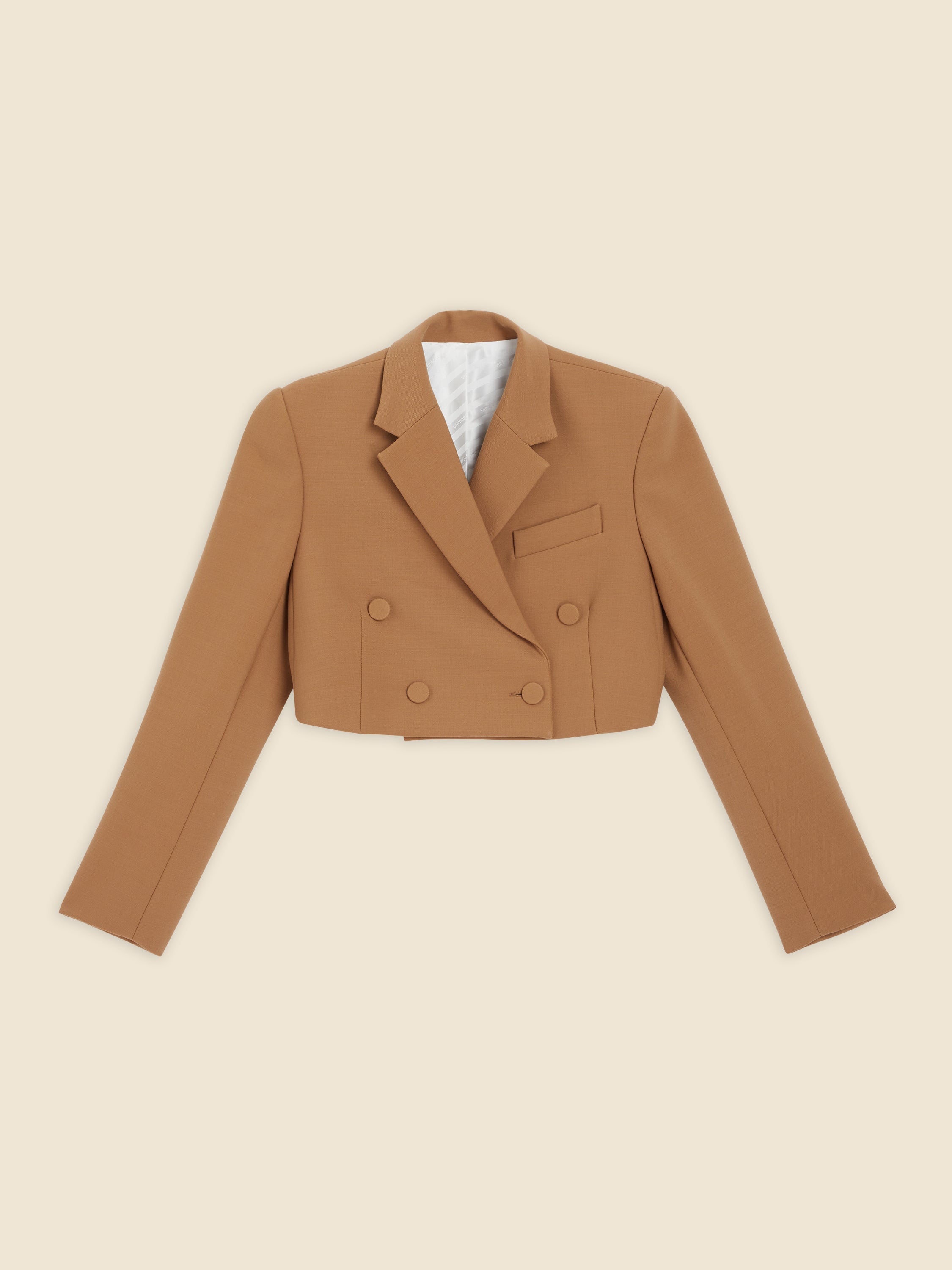 Cropped camel double-breasted blazer with notched lapels and structured shoulders, crafted from fine wool blend fabric.