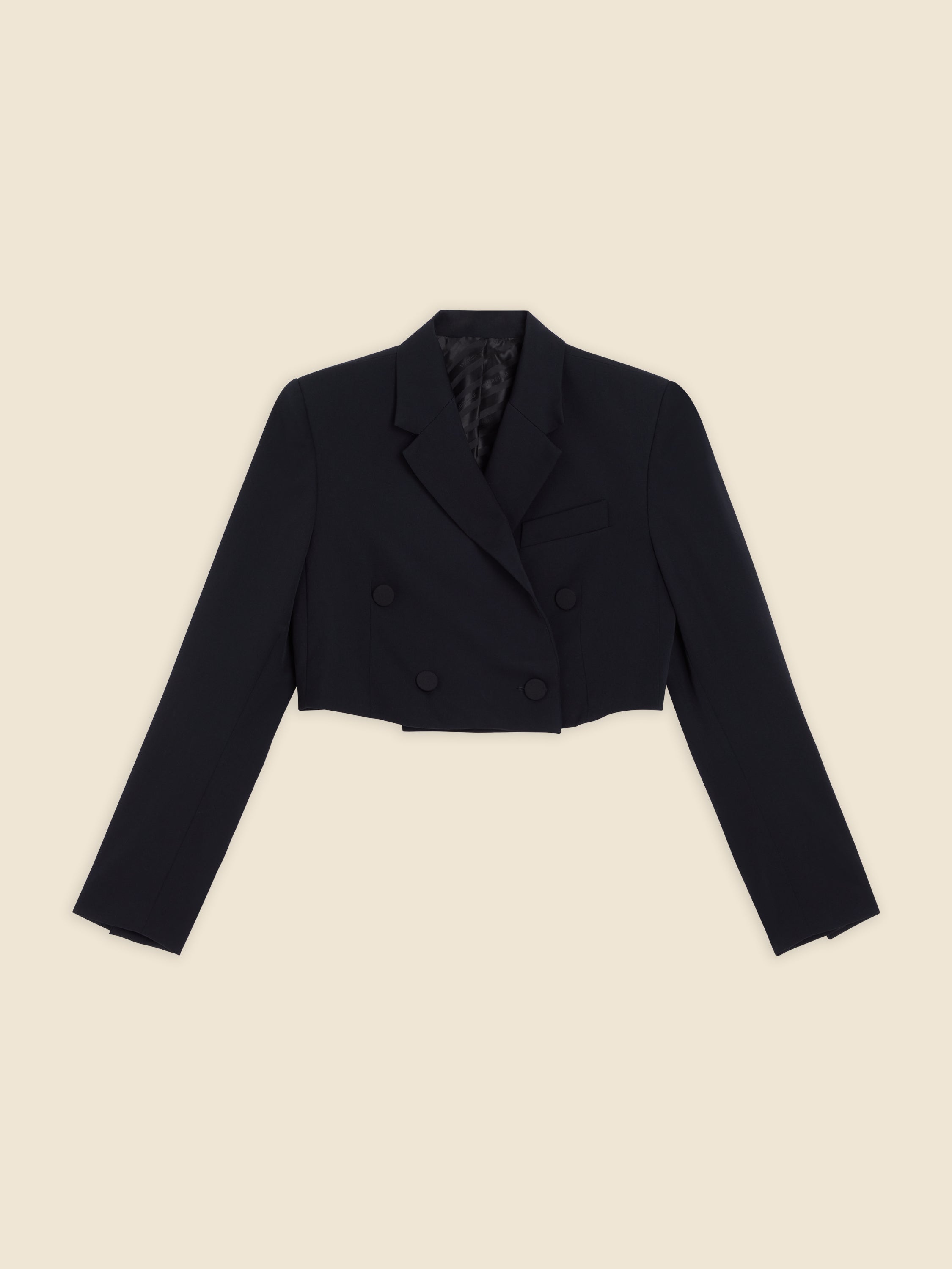 Cropped black wool-blend blazer with sharp notch lapels, double-breasted button closure, and tailored long sleeves.