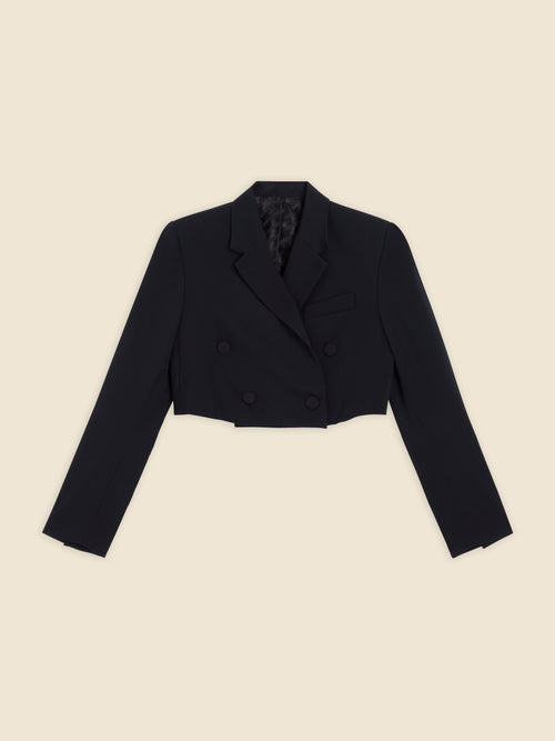 Cropped black wool-blend blazer with sharp notch lapels, double-breasted button closure, and tailored long sleeves.