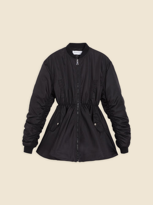 A stylish black bomber jacket featuring a cinched waist and front pockets, crafted from smooth nylon with a front zipper closure.