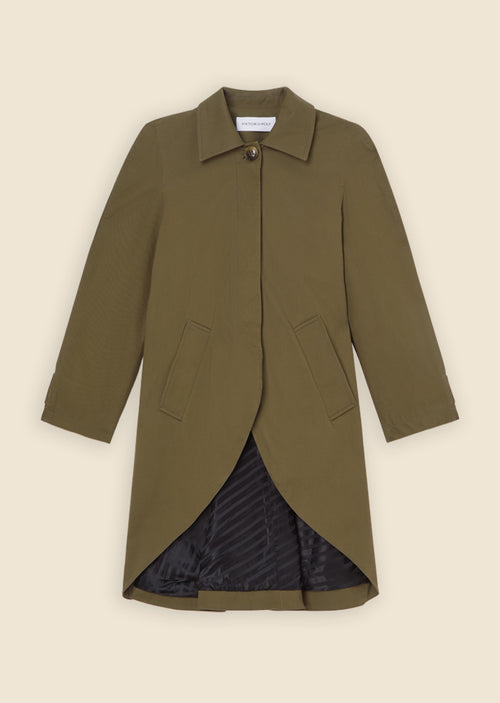 Olive green trench coat featuring a button closure, notched collar, and asymmetrical hem with a striped black lining.