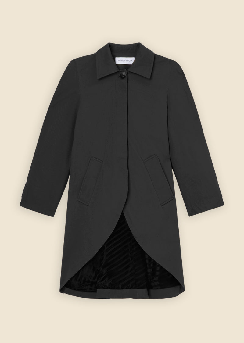 Sleek black coat featuring a tailored fit, single-breasted front, and classic collar, lined with a stylish striped interior.