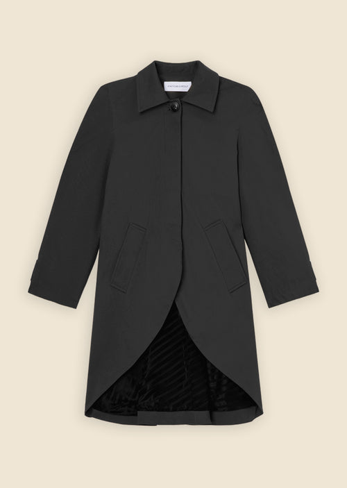 Sleek black coat featuring a tailored fit, single-breasted front, and classic collar, lined with a stylish striped interior.