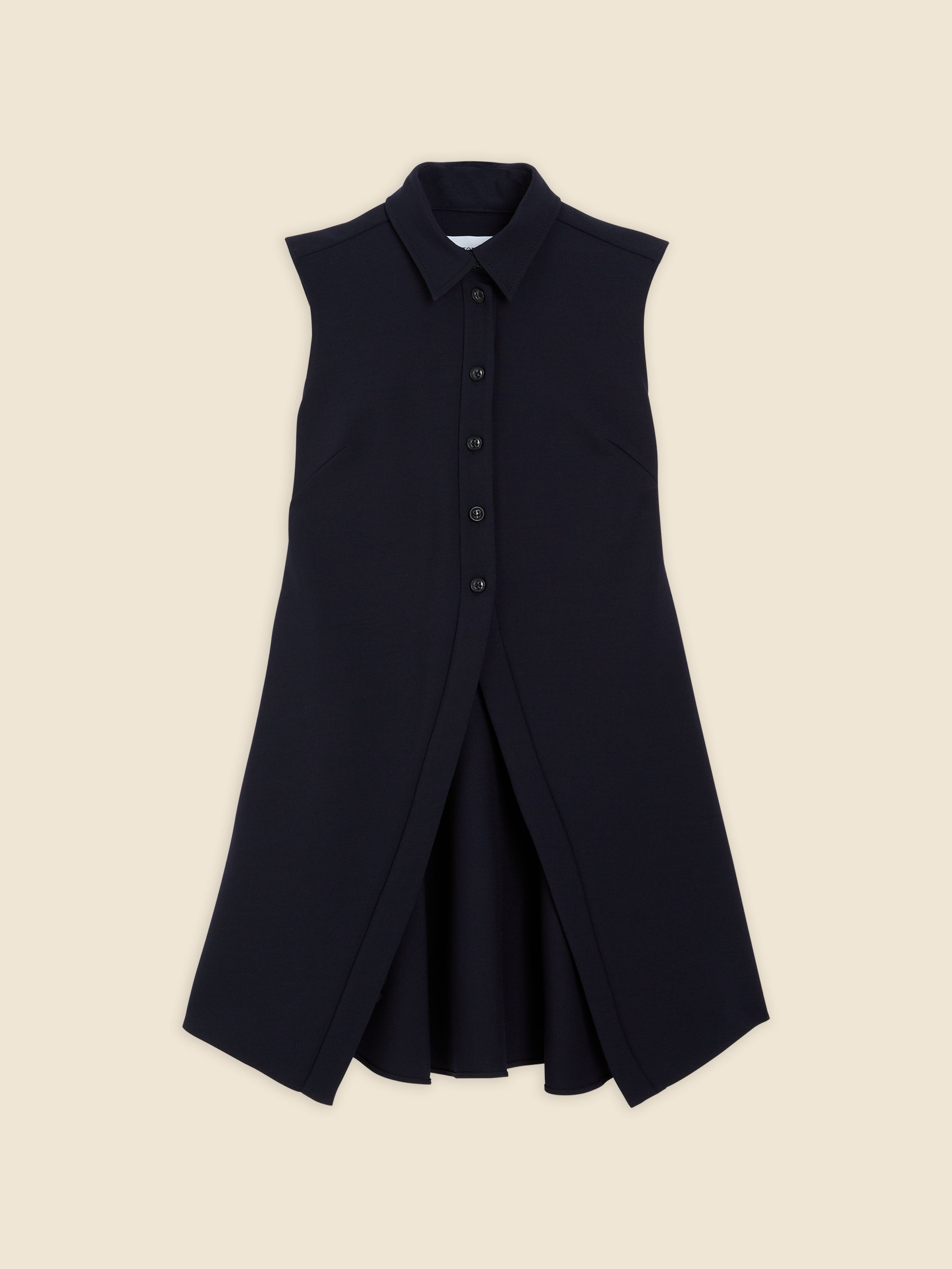 Sleeveless black cotton shirt dress with a classic collar and button-down front, featuring an elegant A-line silhouette.