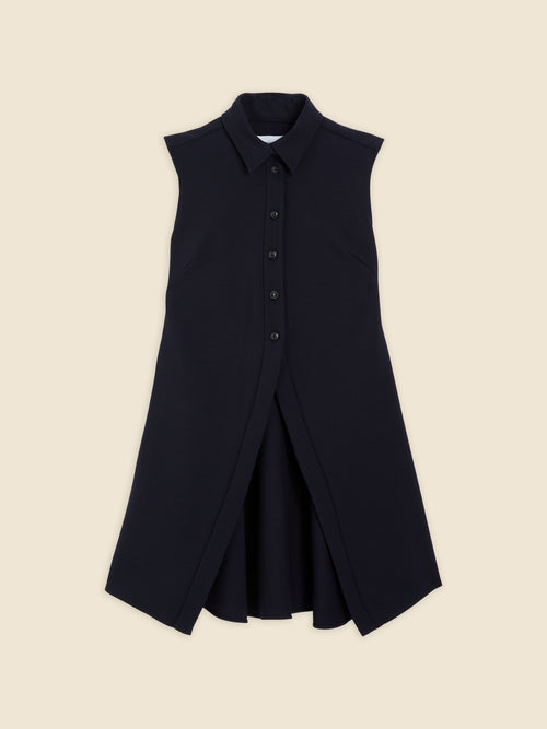 Sleeveless black cotton shirt dress with a classic collar and button-down front, featuring an elegant A-line silhouette.
