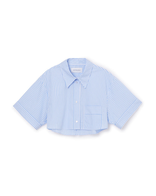 Cropped shirt with blue and white vertical stripes, featuring a classic collar, button closure, and a front pocket detail.
