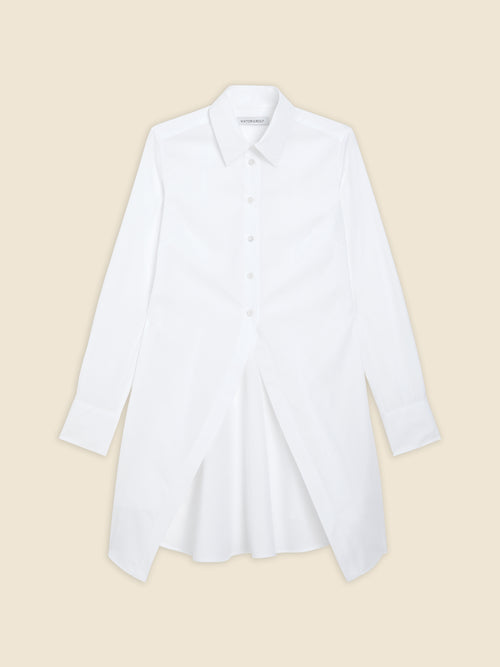Elegant white cotton shirt dress with a structured collar and button closure, featuring a unique pleated front design.