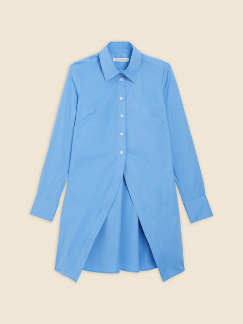 Light blue cotton shirt dress featuring a classic collar, button-down front, and unique open front slit design.