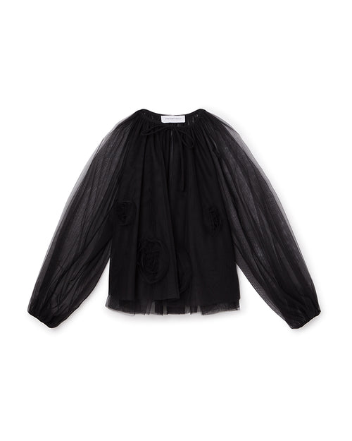 Sheer black tulle blouse with voluminous sleeves and detailed appliqué accents, offering a dramatic and elegant look.