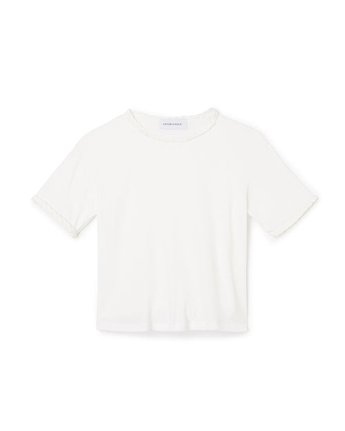 Short-sleeve ivory ribbed cotton t-shirt with subtle ruffle accents on the hem and neckline, featuring a classic slim fit design.