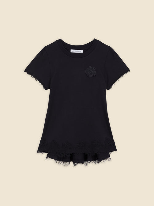 Black t-shirt featuring intricate lace trim and subtle embroidered logo, combining elegance with casual style.