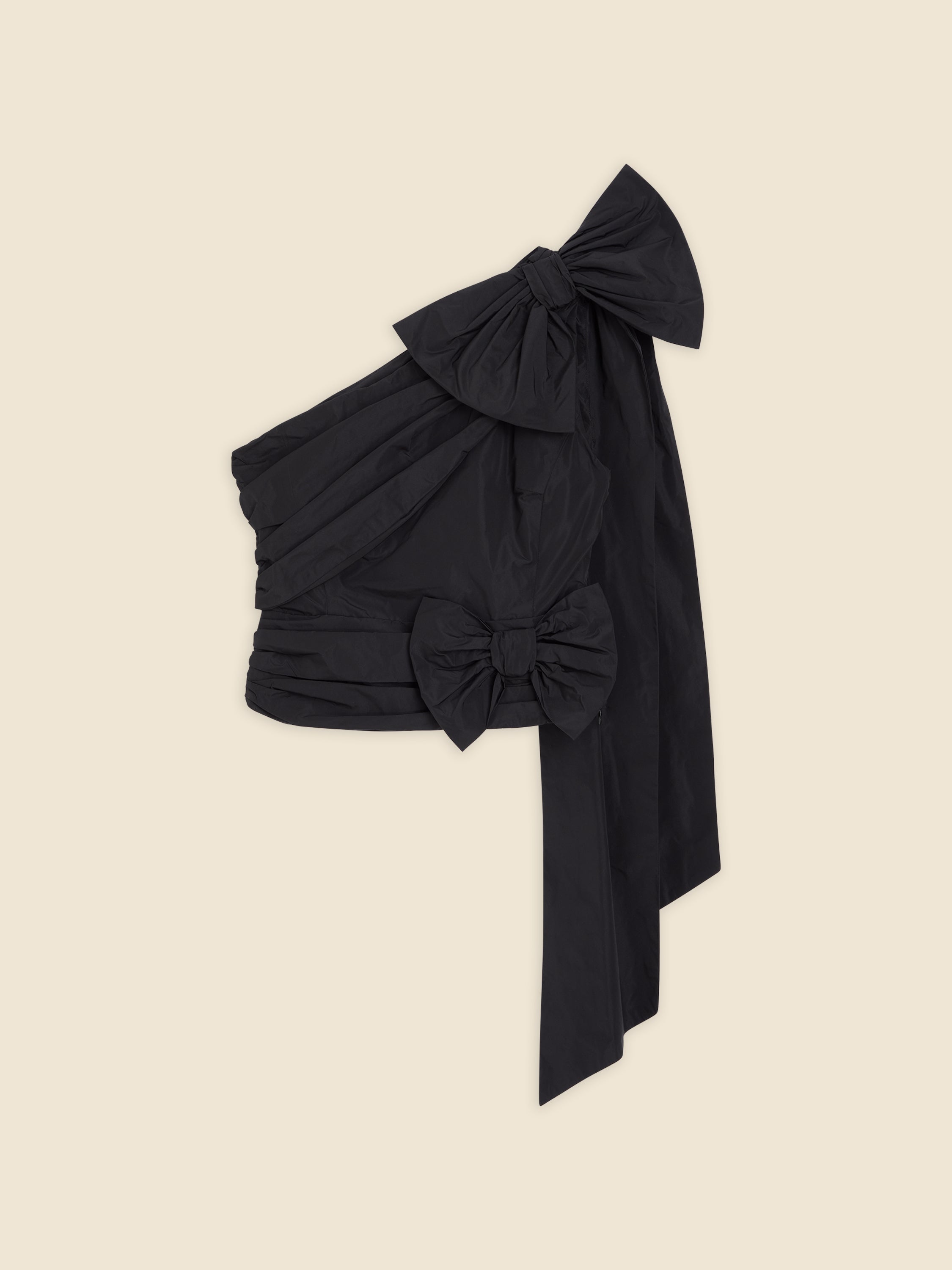 Elegant black taffeta top with dramatic oversized bows, ruched detailing, and asymmetric design for a sophisticated look.