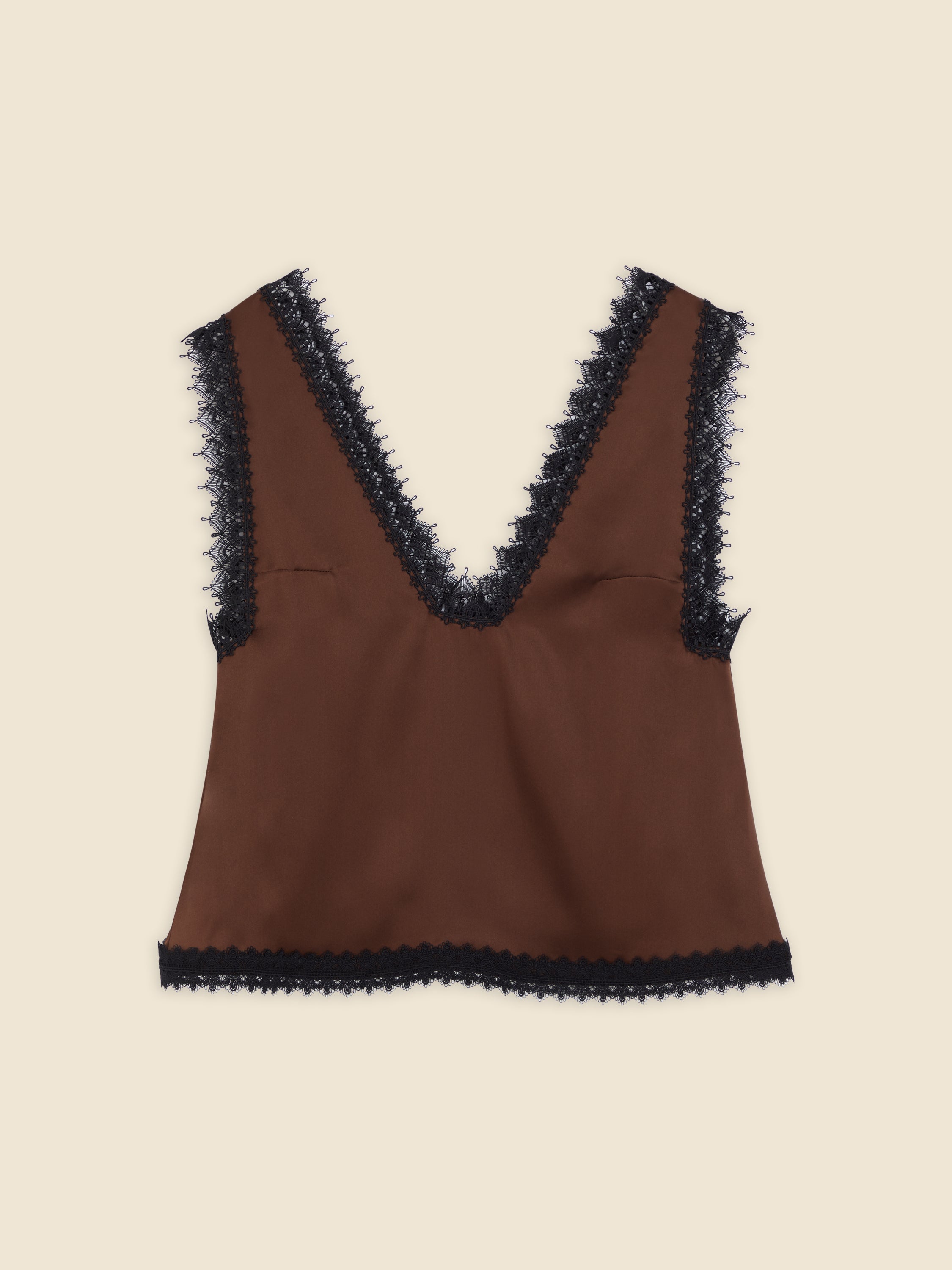 Brown sleeveless top with intricate black lace trim along deep V-neck and hem, showcasing a stylish, elegant design.