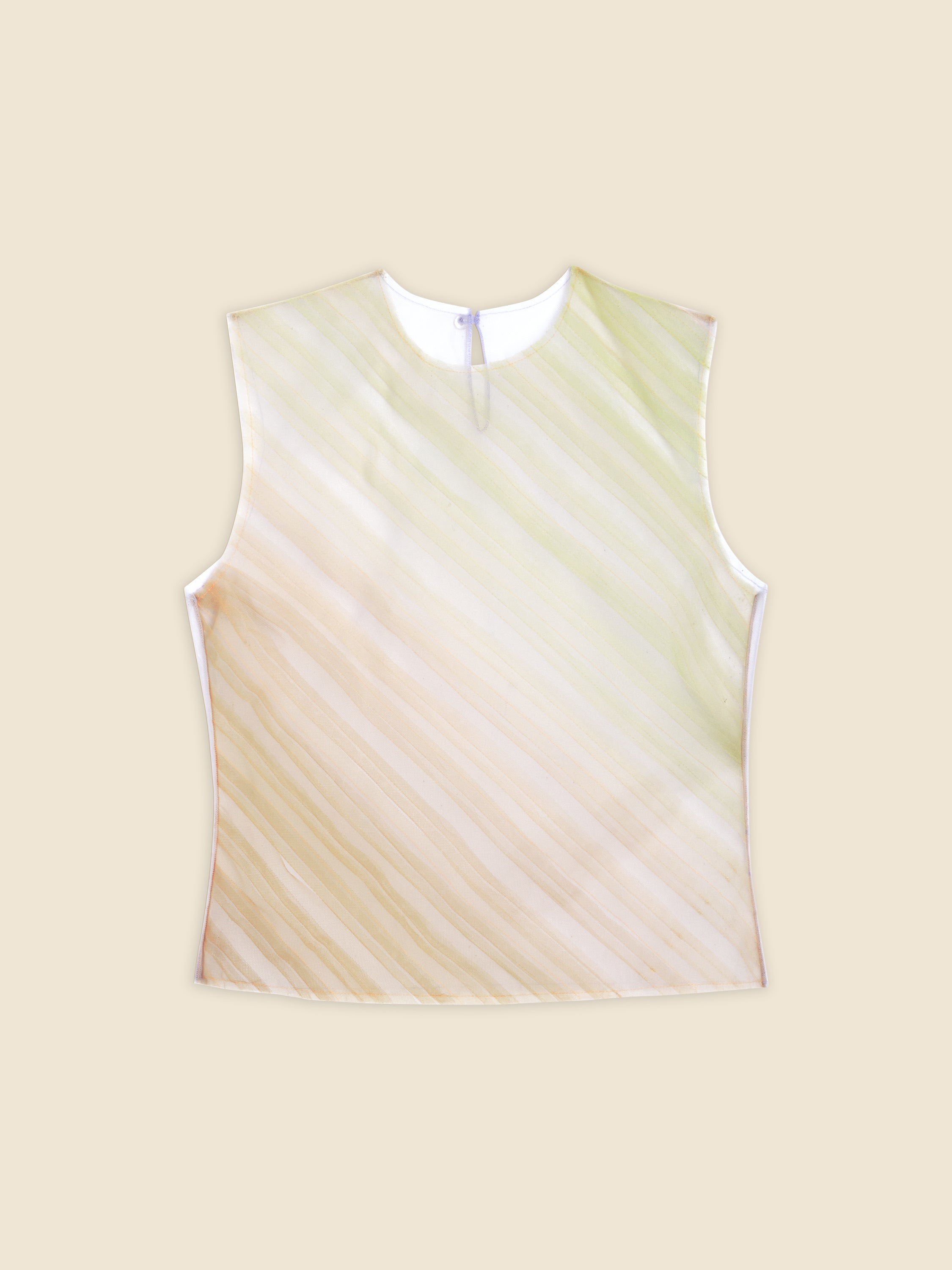 Sleeveless top with soft pastel diagonal stripes in beige and green on light fabric, displayed against a matching beige background.