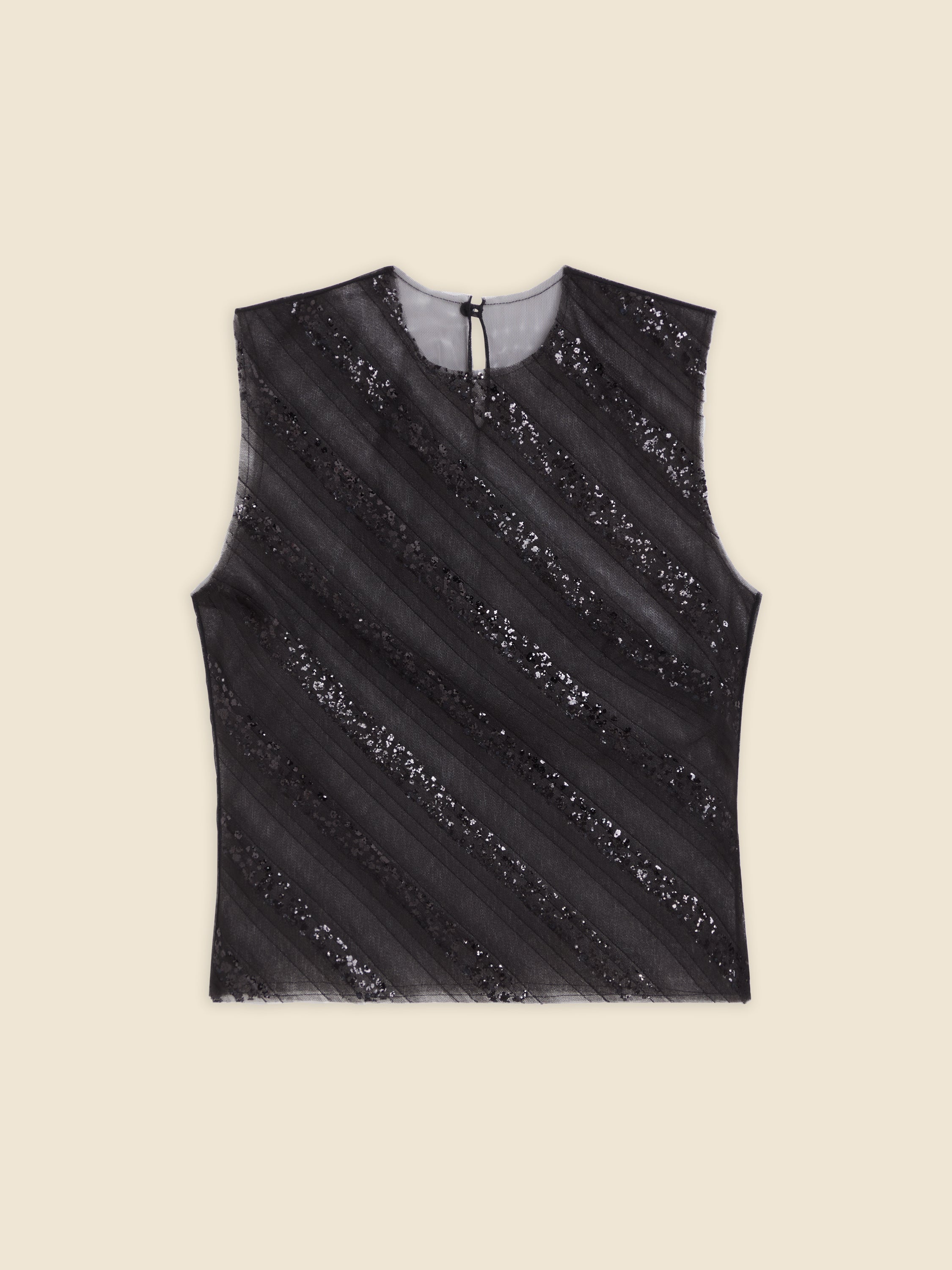 Sleeveless black sequined top with diagonal stripes on a cream background, featuring a back button closure.