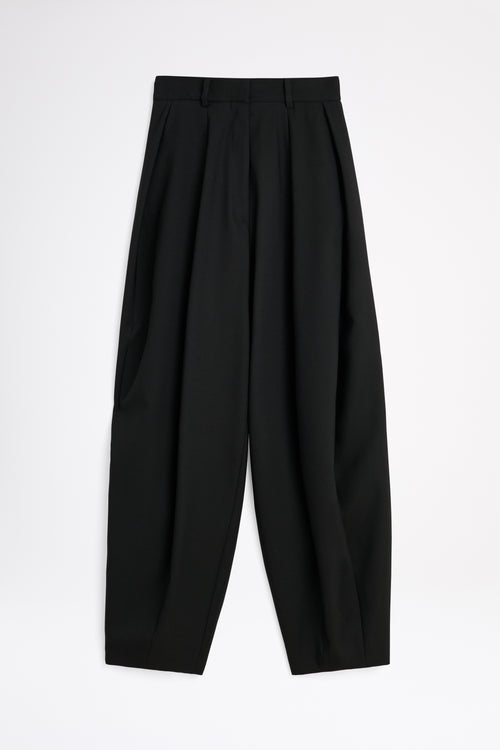 Black pleated pants on a white background