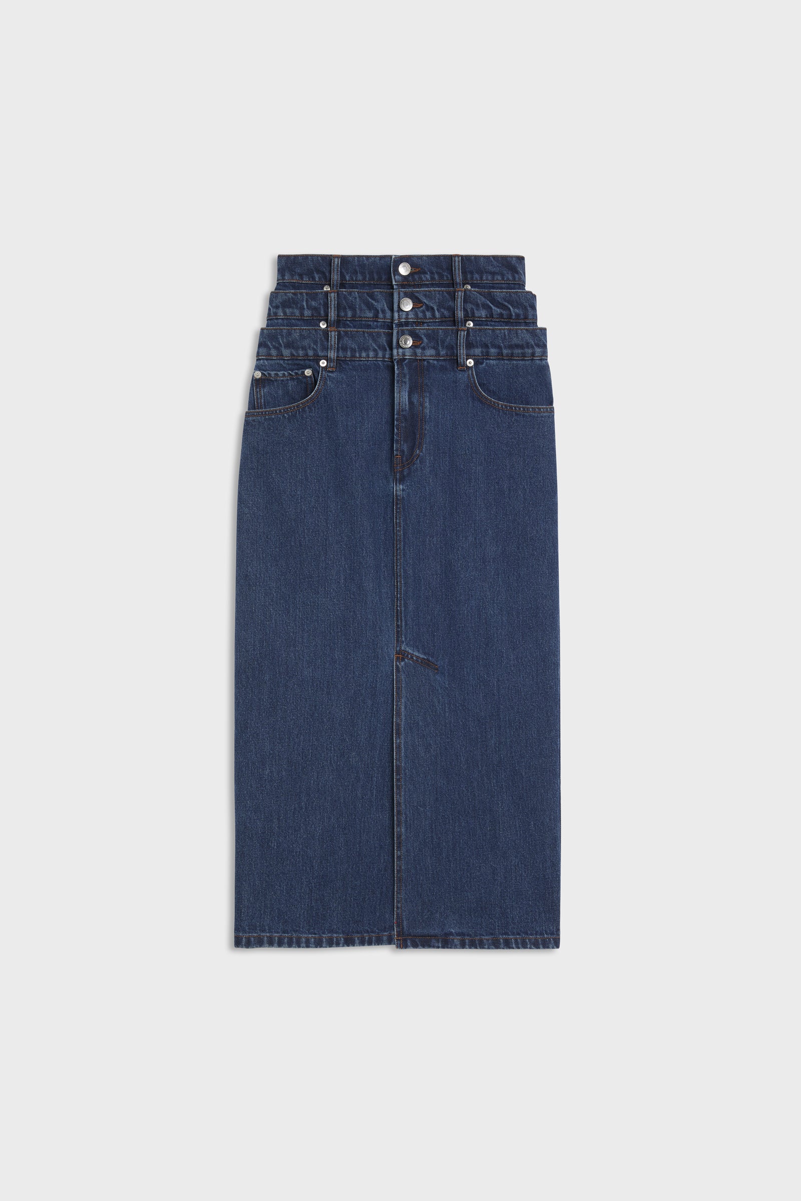 MULTI-LAYERED LONG DENIM SKIRT