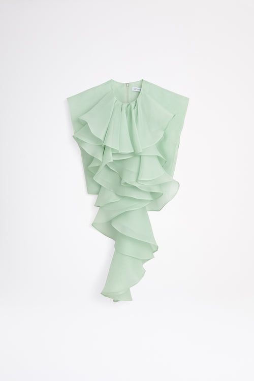 Light green ruffled garment on a white background