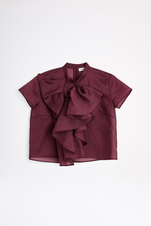 Maroon blouse with ruffled details on a white background