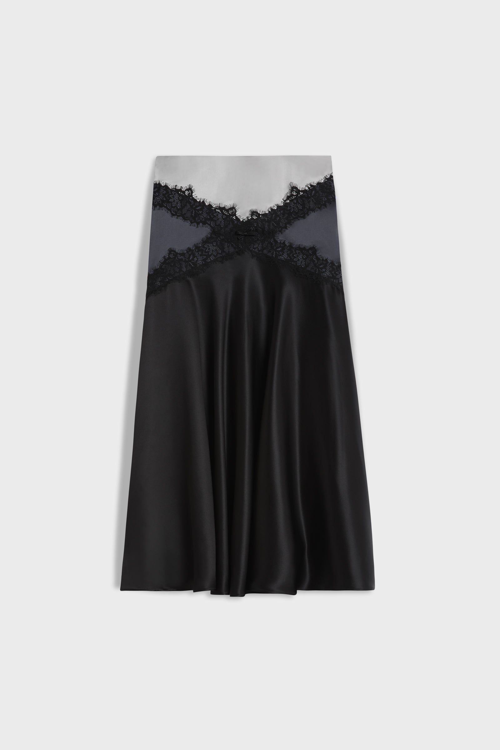 A black satin A-line skirt featuring a sheer dark gray mesh band across the waist with a black lace criss-cross overlay, shown against a light gray background.